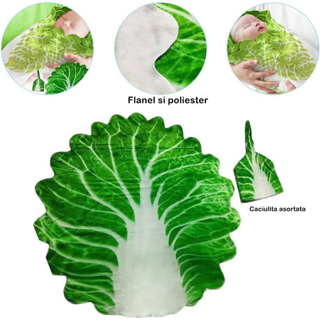 Set Patura Flanel Si Caciula Forma Frunza De Salata, Pentru Nou-Nascuti, Material Poliester, 85 Cm - vivimall.ro