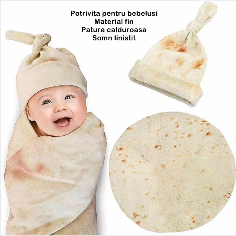 Set Patura Flanel Si Caciula Forma Lipie, Pentru Nou-Nascuti, Material Poliester, 85 Cm, Crem - vivimall.ro