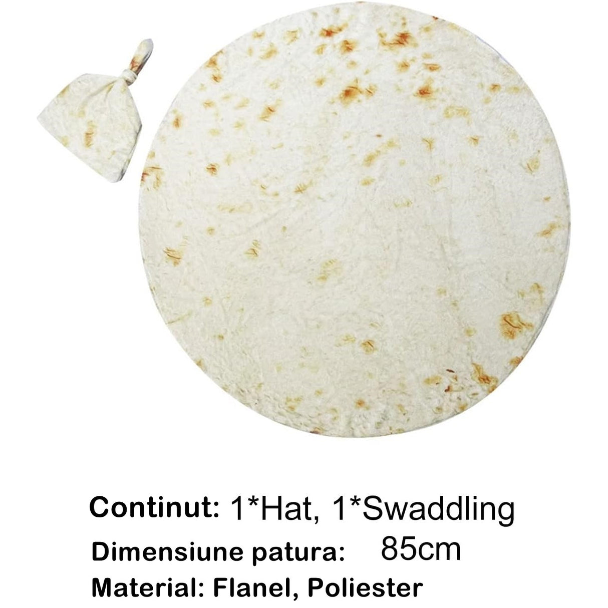 Set Patura Flanel Si Caciula Forma Lipie, Pentru Nou-Nascuti, Material Poliester, 85 Cm, Crem - vivimall.ro