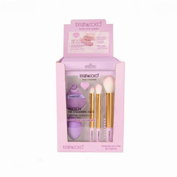 Set Pensule de Machiaj Powder Puff si Buretel, Kevin&Coco, 21x15.4x4cm, Mov - vivimall.ro