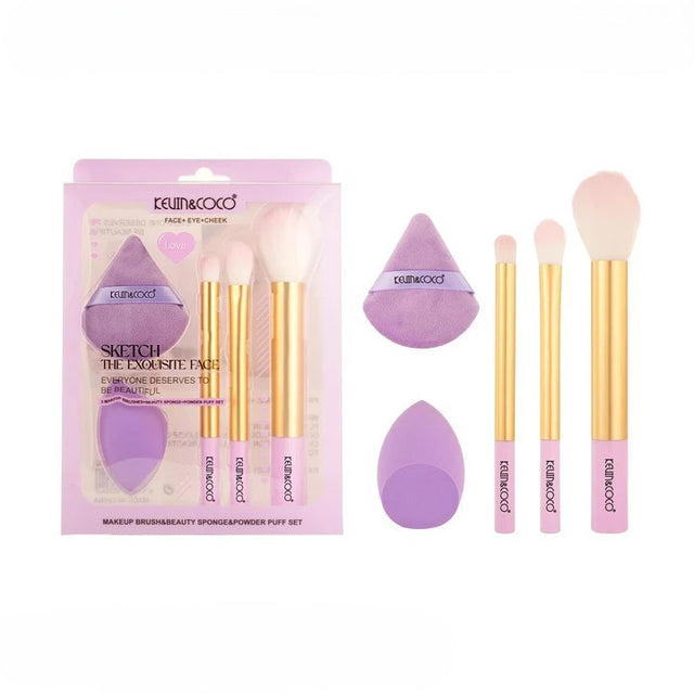 Set Pensule de Machiaj Powder Puff si Buretel, Kevin&Coco, 21x15.4x4cm, Mov - vivimall.ro