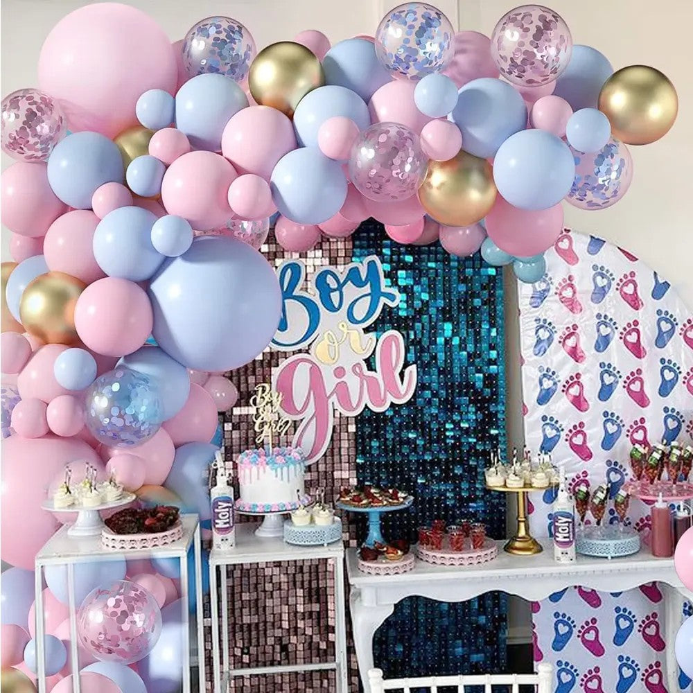 Baloane decorative pentru GENDER PARTY, Vivimall, Arcada Set 130  baloane, Arcul de Baloane Roz si Albastru, Baloane Confetti Aurii, Multicolor