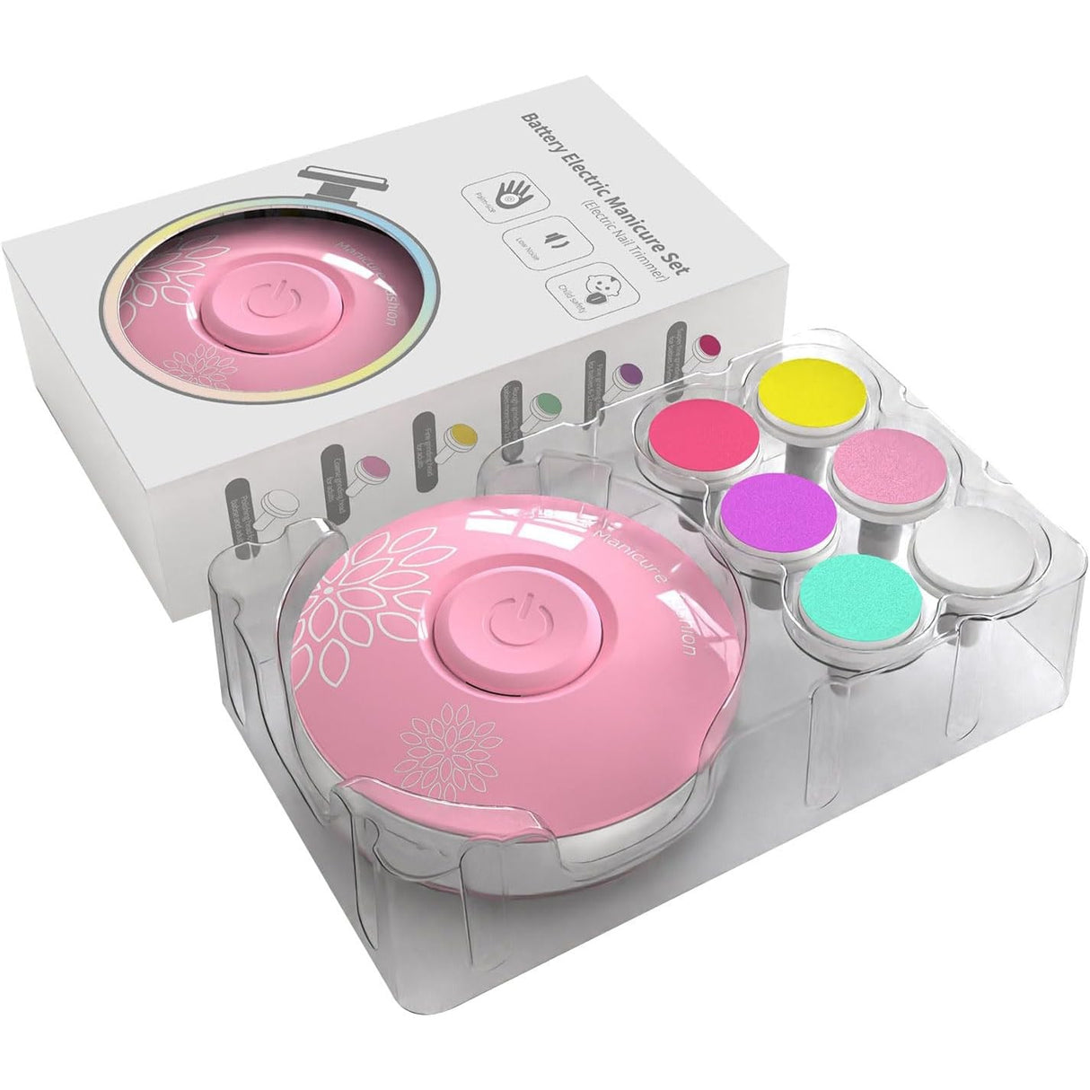 Set Pila Electrica cu Baterie, Vivimall, pentru Copii si Bebelusi, din ABS, 6 Accesorii, Model cu Flori, 6.5 x 1.8 cm, Roz