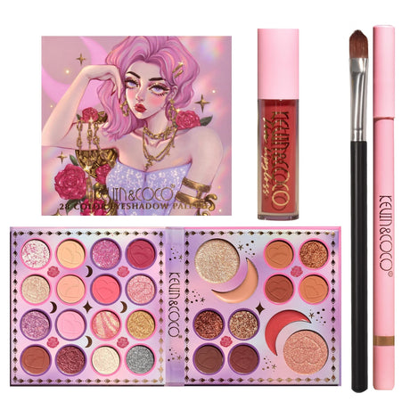 Set Produse de Machiaj, Kevin & Coco, 28 Culori, Fard de Ochi, Ruj, Pensula si Creion - vivimall.ro