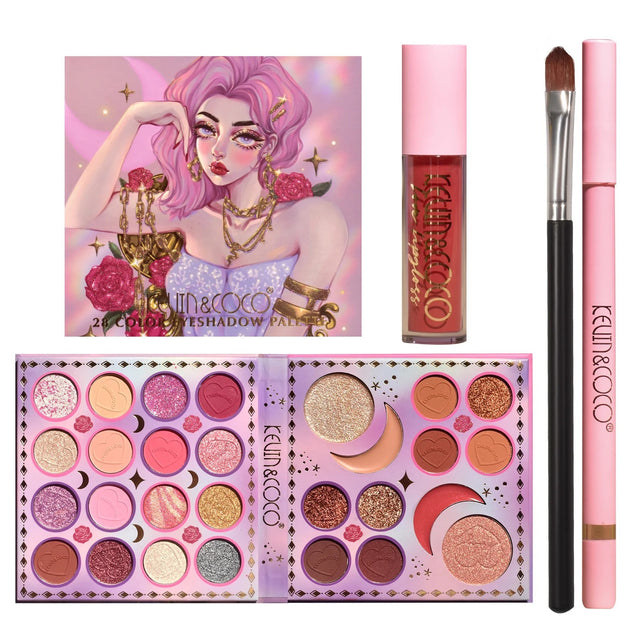 Set Produse de Machiaj, Kevin & Coco, 28 Culori, Fard de Ochi, Ruj, Pensula si Creion - vivimall.ro