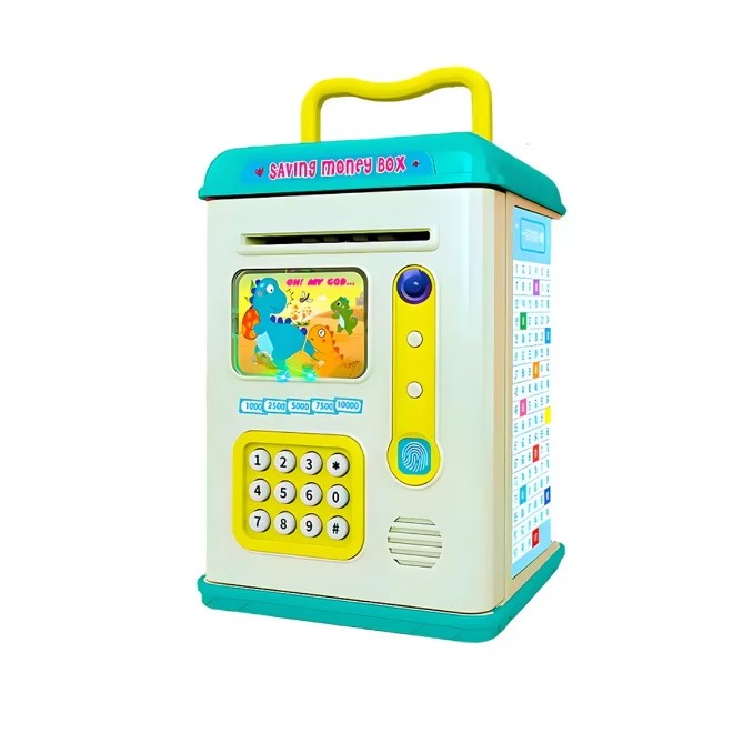 Set Pusculita pentru Copii, Vivimall, Tip ATM, Parola cu Amprenta, 13.5 x 11.5 x 20 cm, Albastru - vivimall.ro