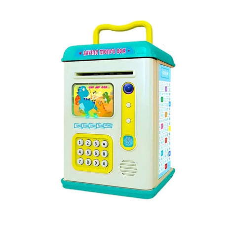 Set Pusculita pentru Copii, Vivimall, Tip ATM, Parola cu Amprenta, 13.5 x 11.5 x 20 cm, Albastru - vivimall.ro