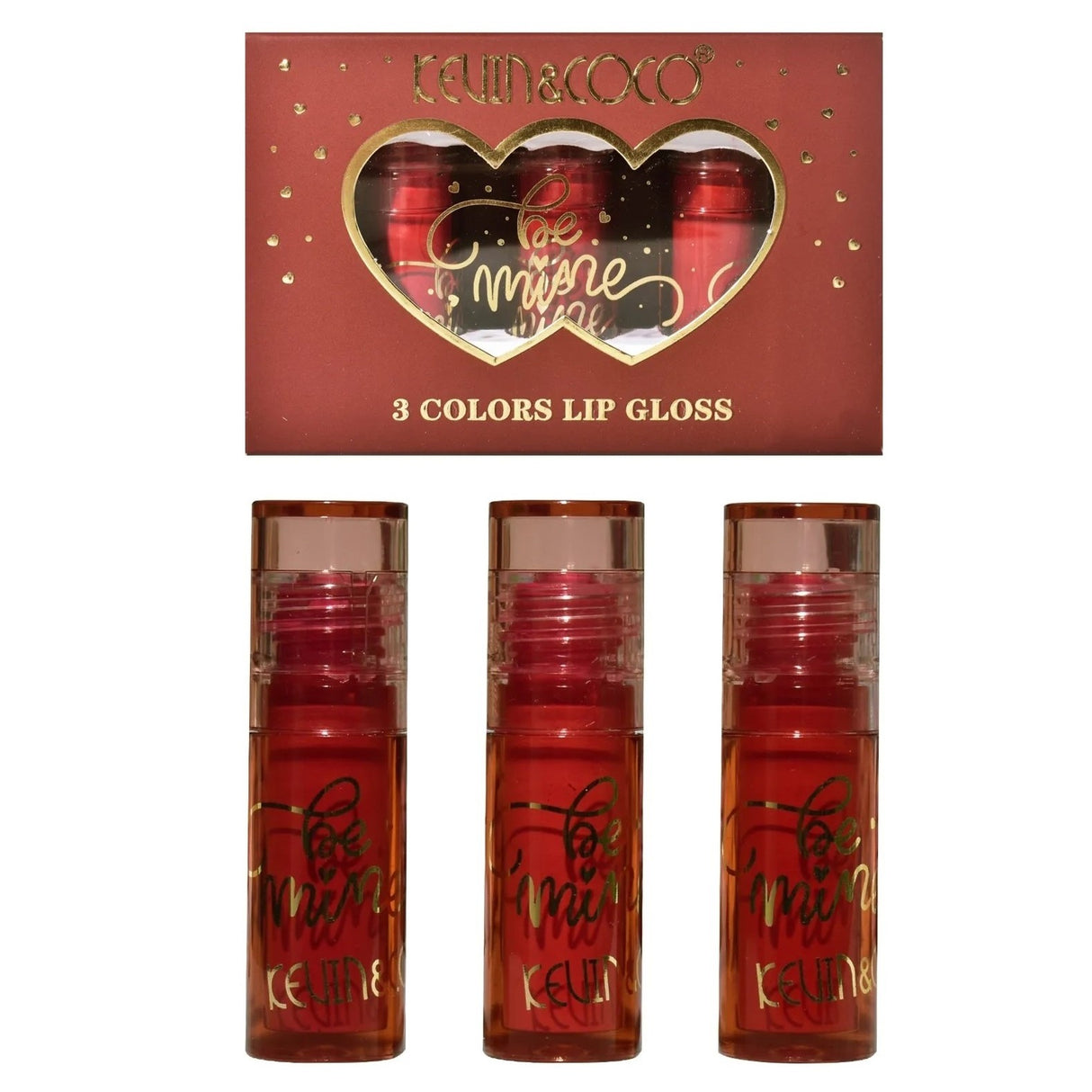 Set Rujuri de Buze Mate, KEVIN &amp; COCO, Be Mine 3 Culori, Lip-Gloss, 11 x 7.3 x 2.7cm, Roz, Varianta A - vivimall.ro