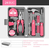 Set Scule 24 piese pentru Uz Casnic, Flippy, Instrumente Set in Trusa de Plastic Gri, din Plastic si Metal, 20 x 12.5 x 3 cm, Roz