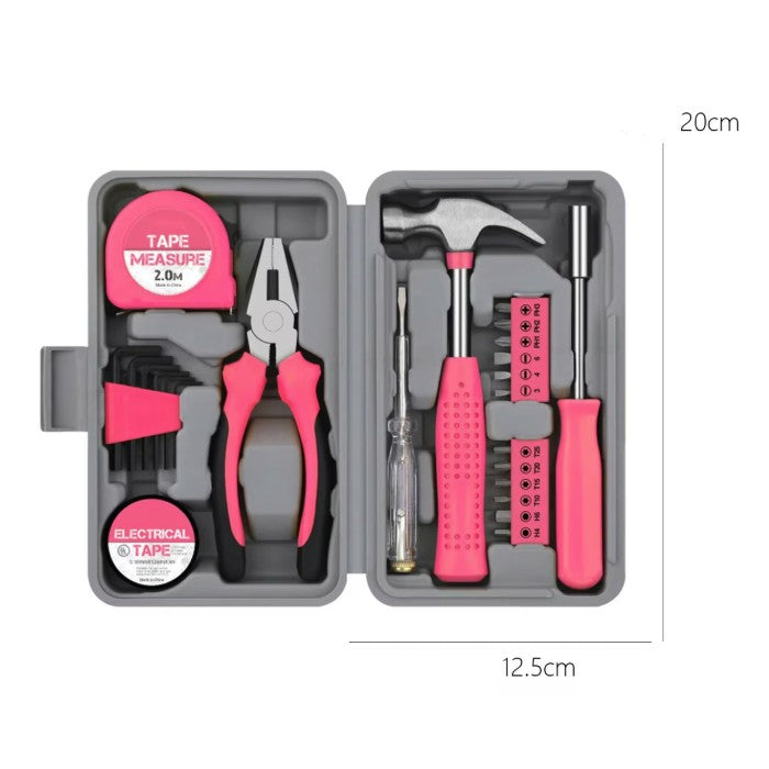 Set Scule 24 piese pentru Uz Casnic, Flippy, Instrumente Set in Trusa de Plastic Gri, din Plastic si Metal, 20 x 12.5 x 3 cm, Roz