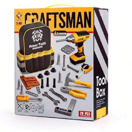 Set Scule de Jucarie pentru Copii, Vivimall, Ghiozdan cu Bormasina si Accesorii Incluse, 28 Piese, Material Plastic Durabil, Interactiv, +3 Ani, 30.5x25x11 cm, Negru/Portocaliu - vivimall.ro