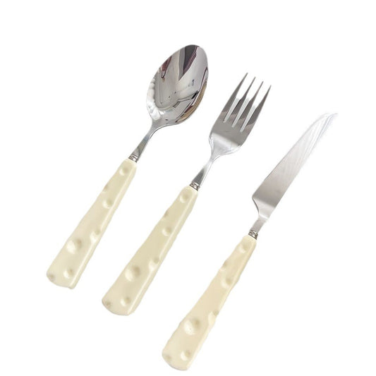 Tacamuri pentru Copii, Flippy, Set 3 Piese, Tacamuri pentru Dejun, Lingura Furculita Cutit, Stil Italian, Manere forma Cascaval Plastic, Inox, 23 cm, Auriu