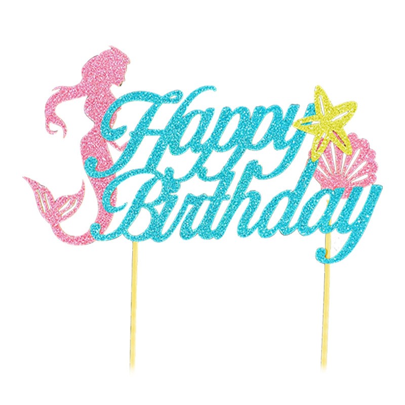 Set Toppere pentru Tort si Prajituri, Vivimall, Tematica Sirena, Model Mare Scris Happy Birthday 16.5x8.2 cm, 6 Toppere Mici Model Marin 5x5 cm, Multicolor - vivimall.ro