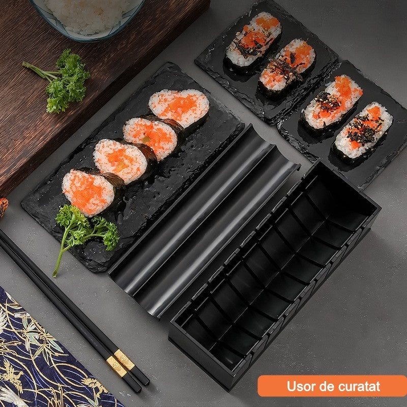 Set ustensile pentru facut sushi Vivimall, 10 piese, forma inima inclus, 3 forme clasice, extensibil, finisaj lucios, material ABS, curatare usoara, negru - vivimall.ro