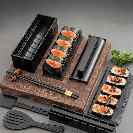 Set Ustensile Pentru Facut Sushi 10 Piese, Forma Inima Inclus, 3 Forme Clasice, Extensibil, Finisaj Lucios, Material Abs, Curatare Usoara, Negru - vivimall.ro