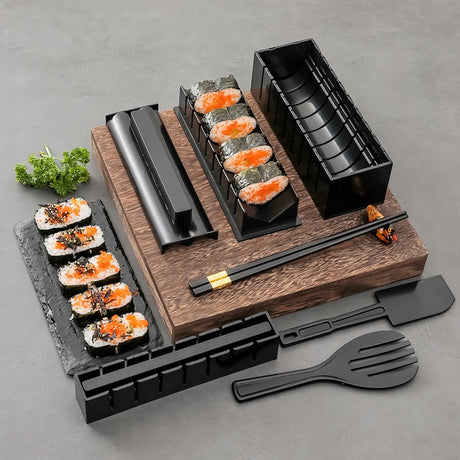 Set Ustensile Pentru Facut Sushi 10 Piese, Forma Inima Inclus, 3 Forme Clasice, Extensibil, Finisaj Lucios, Material Abs, Curatare Usoara, Negru - vivimall.ro