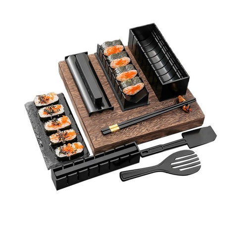 Set Ustensile Pentru Facut Sushi 10 Piese, Forma Inima Inclus, 3 Forme Clasice, Extensibil, Finisaj Lucios, Material Abs, Curatare Usoara, Negru - vivimall.ro