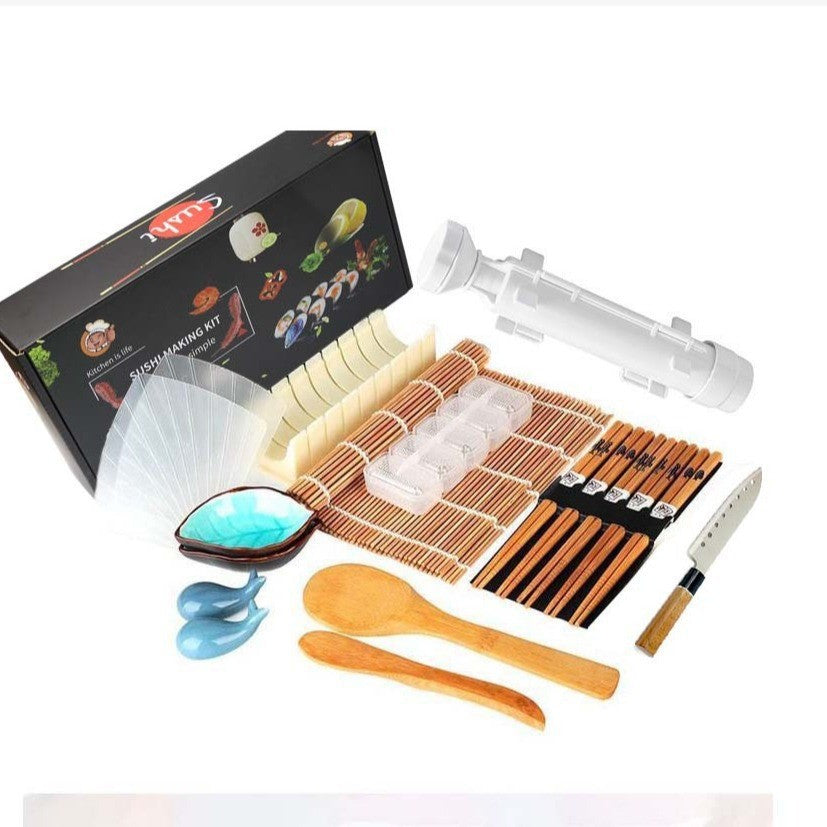 Set Ustensile pentru Sushi, Vivimall, Set din 19 Accesorii pentru Sushi, Set pentru Sushi HOME MADE, Cutit Inclus, Forme, Betisoare, Multicolor - vivimall.ro