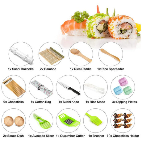 Set Ustensile Pentru Sushi, Set Din 31 Accesorii Pentru Sushi, Set Pentru Sushi Home Made, Cutit Inclus, Forme, Betisoare, Multicolor - vivimall.ro