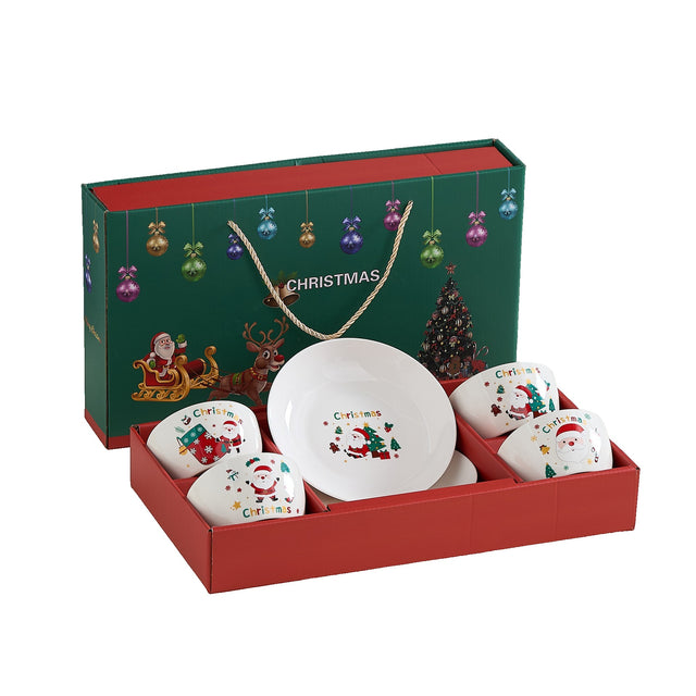 Set Vesela Festiva, Flippy, Tema Craciun, 4 x Boluri 300 ml, 2 x Farfurii 18 x 3.4 cm, din Ceramica, Model 2, Multicolor - vivimall.ro