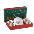 Set farfurii și boluri ceramică Crăciun multicolor, Model 3, vedere de ansamblu cu toate piesele
