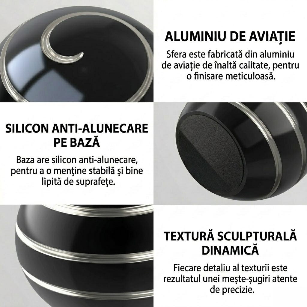 Fidget spinner metalic Flippy negru, detaliu rulment inox pentru rotație fluidă și silențioasă
