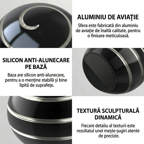 Fidget spinner metalic Flippy negru, detaliu rulment inox pentru rotație fluidă și silențioasă