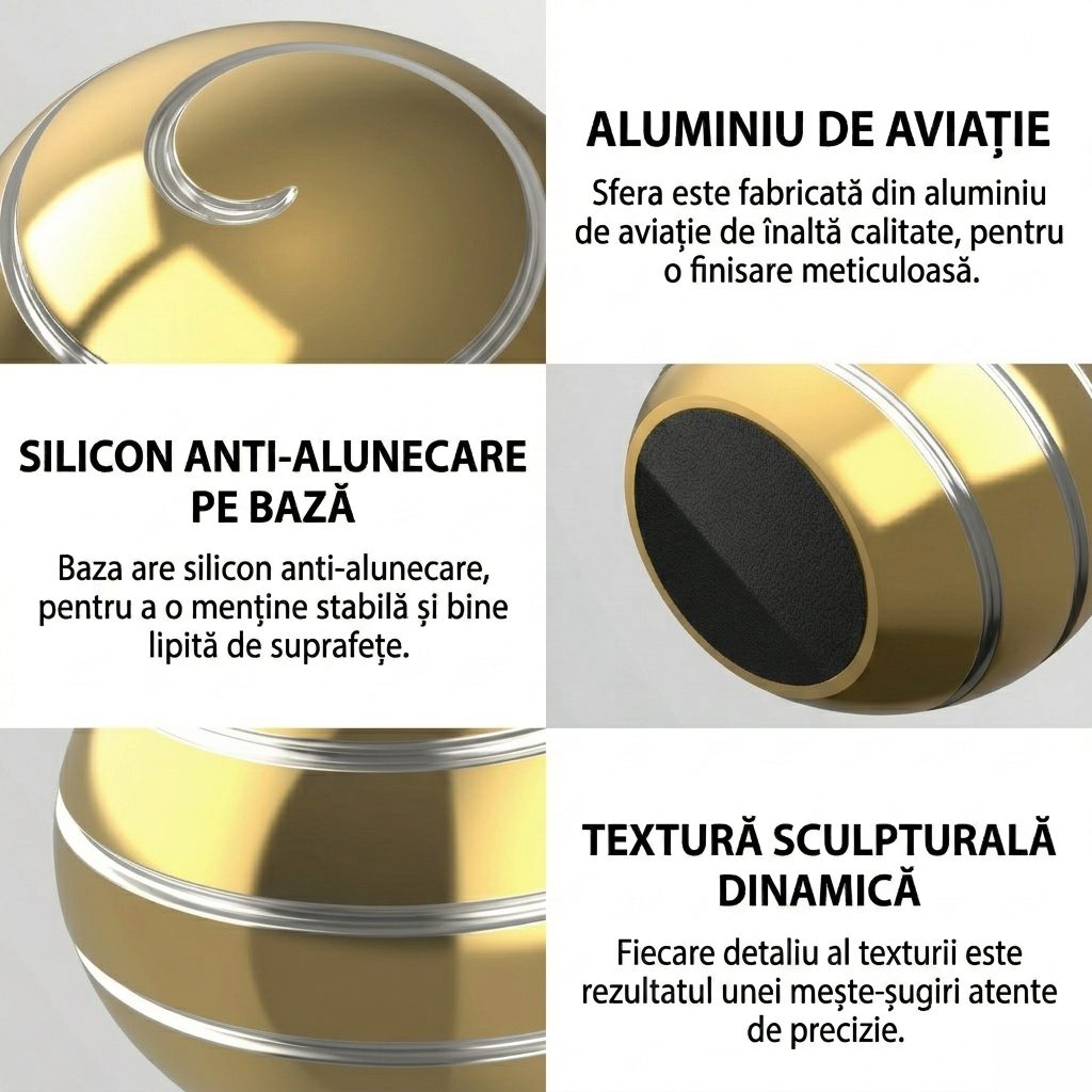 Sferă fidget spinner Flippy aliaj zinc pe suprafață de birou, gadget antistres auriu