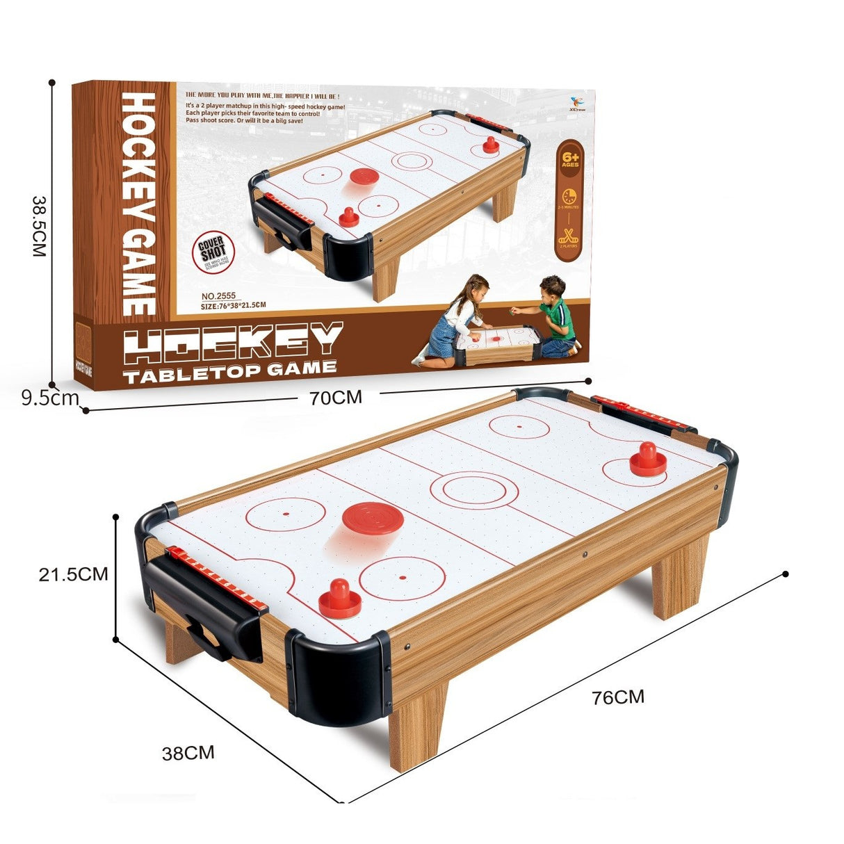Masa Air Hockey Graffiti cu Picioare Scurte, Vivimall, Lemn, 2 Pucuri, Tabela Scor, 2 Impingatoare, 76x38x21.5 cm, Maro - vivimall.ro