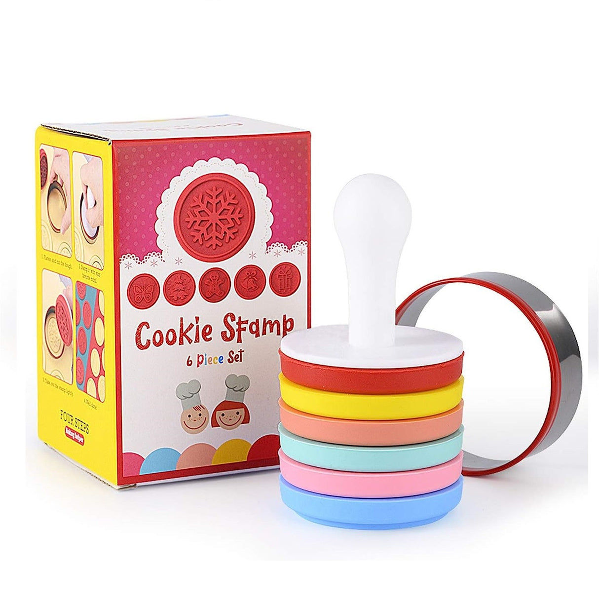 Set 6 Stampile Pentru Prajituri Tematica De Craciun, Din Silicon Alimentar Non-Toxic, Taietor Aluat Inclus, 6 Cm, Maner Din Plastic, Compact, Usor De Depozitat - vivimall.ro