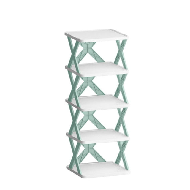 Dulap pantofi modular Vivimall cu 5 straturi din ABS turcoaz, vedere frontală completă, 65.5x24x26 cm