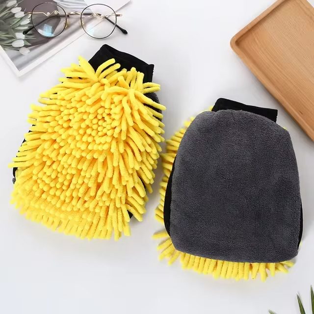 Manusa de Spalat Auto, Flippy, Manusa 2 in 1, pentru Detailing Auto pe 2 Fete cu Perie si Microfibra Velvet, Galben/Gri