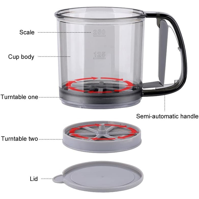 Sita Cernator Manual de Faina Portabila, Vivimall, din Plastic, cu Maner, Strat Dublu, 15 x 12 x 11 cm, Transparent Gri Inchis - vivimall.ro