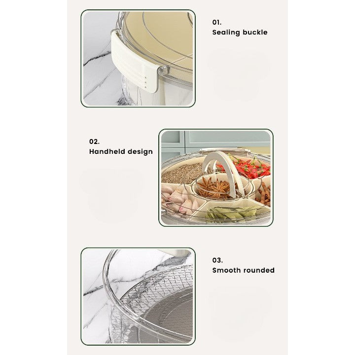 Cutie de Depozitare pentru Alimente, Flippy, cu 6 Compartimente, pentru Condimente, Fructe, Legume, cu Manere de Prindere, Rotativa 360 de Grade, Inchidere Ermetica, 32x8 cm, Alba