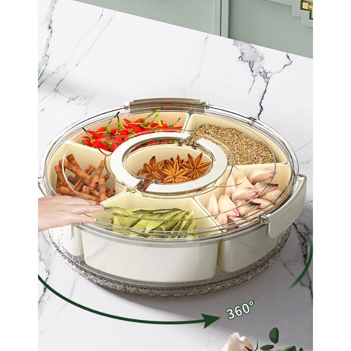 Cutie De Depozitare Pentru Alimente, Cu 6 Compartimente, Pentru Condimente, Fructe, Legume, Cu Mânere De Prindere Rotativă, 360 De Grade, Închidere Ermetică, 32x8 cm, Albă - vivimall.ro