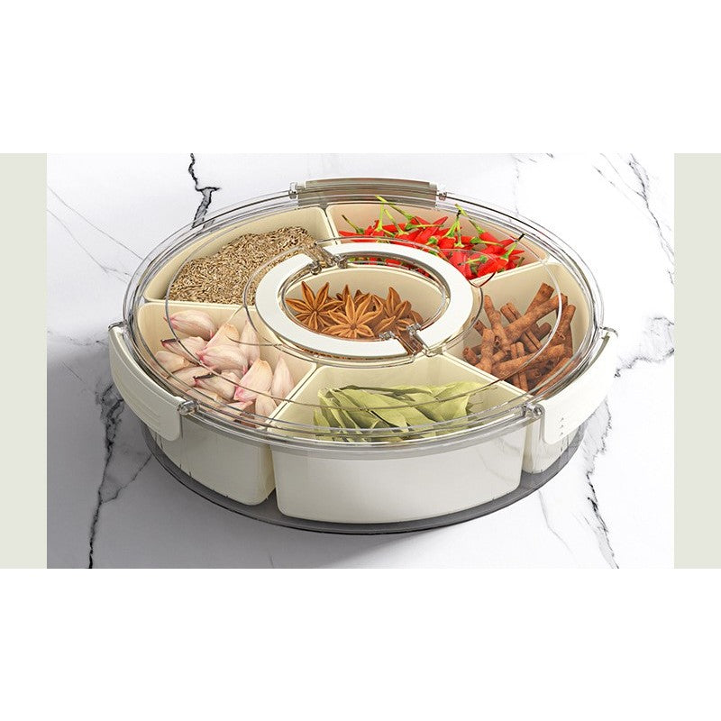 Cutie De Depozitare Pentru Alimente, Cu 6 Compartimente, Pentru Condimente, Fructe, Legume, Cu Mânere De Prindere Rotativă, 360 De Grade, Închidere Ermetică, 32x8 cm, Albă - vivimall.ro