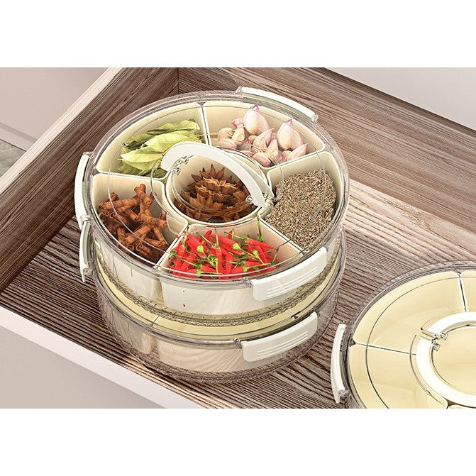 Cutie De Depozitare Pentru Alimente, Cu 6 Compartimente, Pentru Condimente, Fructe, Legume, Cu Mânere De Prindere Rotativă, 360 De Grade, Închidere Ermetică, 32x8 cm, Albă - vivimall.ro