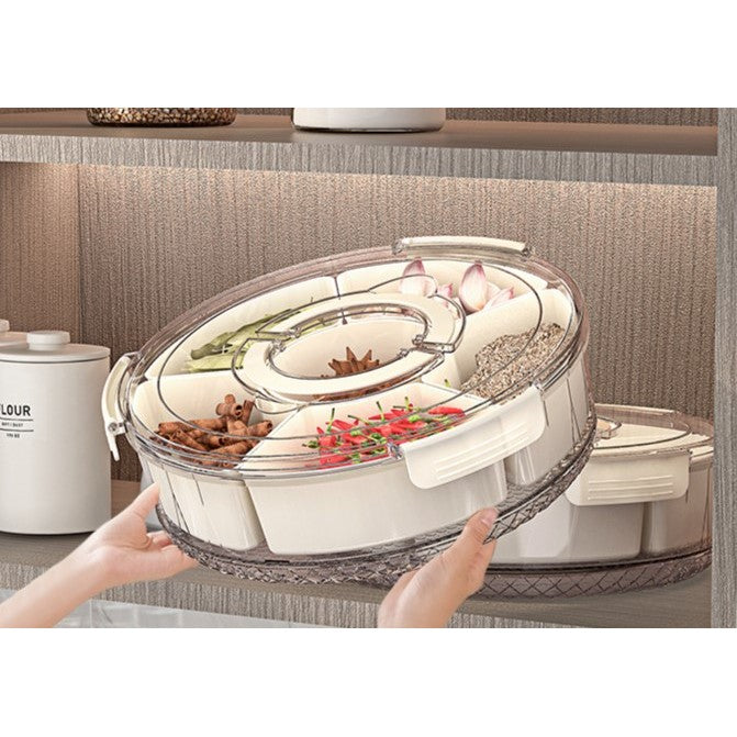 Cutie De Depozitare Pentru Alimente, Cu 6 Compartimente, Pentru Condimente, Fructe, Legume, Cu Mânere De Prindere Rotativă, 360 De Grade, Închidere Ermetică, 32x8 cm, Albă - vivimall.ro