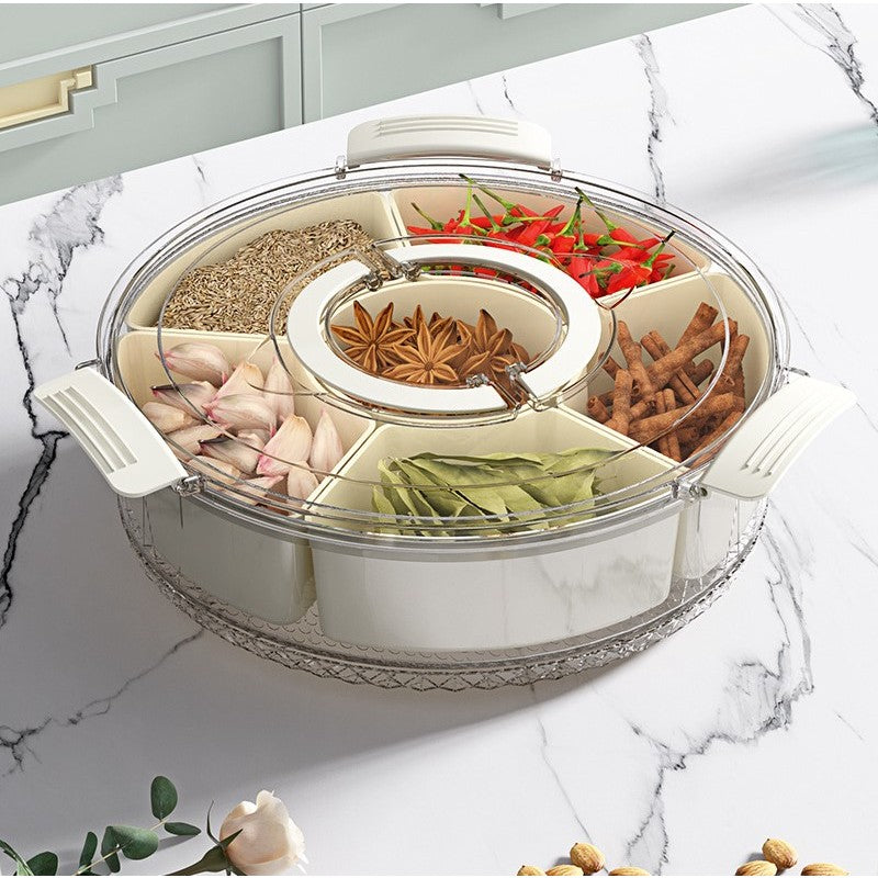 Cutie De Depozitare Pentru Alimente, Cu 6 Compartimente, Pentru Condimente, Fructe, Legume, Cu Mânere De Prindere Rotativă, 360 De Grade, Închidere Ermetică, 32x8 cm, Albă - vivimall.ro