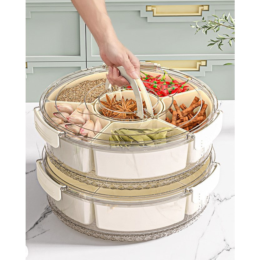 Cutie De Depozitare Pentru Alimente, Cu 6 Compartimente, Pentru Condimente, Fructe, Legume, Cu Mânere De Prindere Rotativă, 360 De Grade, Închidere Ermetică, 32x8 cm, Albă - vivimall.ro