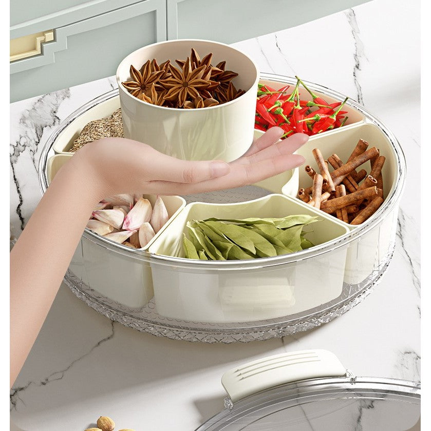 Cutie De Depozitare Pentru Alimente, Cu 6 Compartimente, Pentru Condimente, Fructe, Legume, Cu Mânere De Prindere Rotativă, 360 De Grade, Închidere Ermetică, 32x8 cm, Albă - vivimall.ro