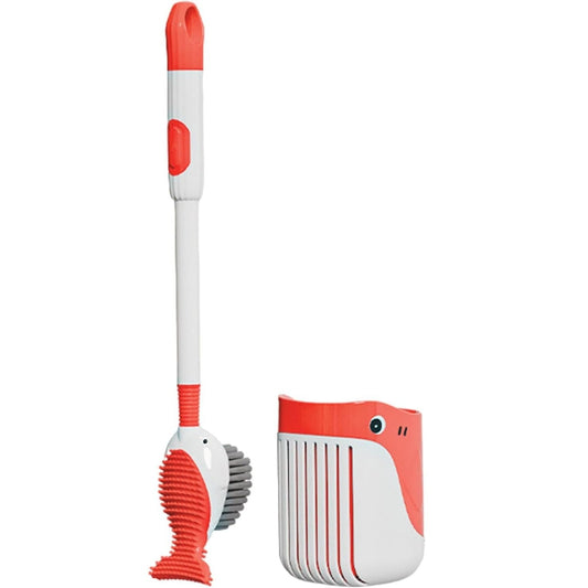 Perie de Toaleta, Vivimall, cu Suport de Perete, Recipient Detergent, 2 Tipuri de Perii, Model Balena, Rosu - vivimall.ro