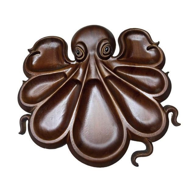 Platou pentru Servire, Flippy, in Forma de Caracatita, 8 Compartimente pentru Mezeluri Branzeturi Snacksuri, Design Artistic, din Lemn Masiv, 26 x 25 x 3 cm, Maro inchis - vivimall.ro