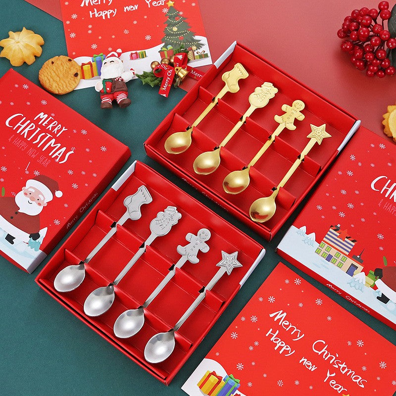 Set 4 Lingurițe Crăciun din Oțel Inoxidabil 410, Modele Festive în