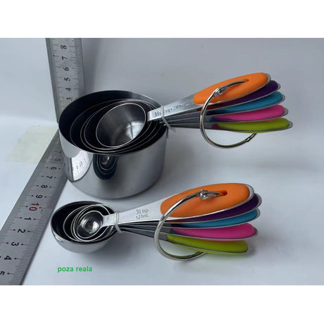 Set 10 Piese de Masurare, Vivimall, 5 Linguri Gradate + 5 Cesti Gradate, Otel Inoxidabil + Silicon, 19 x 8 x 9 cm, Multicolor - vivimall.ro