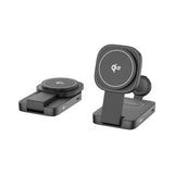 Detaliu braț magnetic Apple Watch pe stația de încărcare MagSafe 3 în 1, negru argintiu