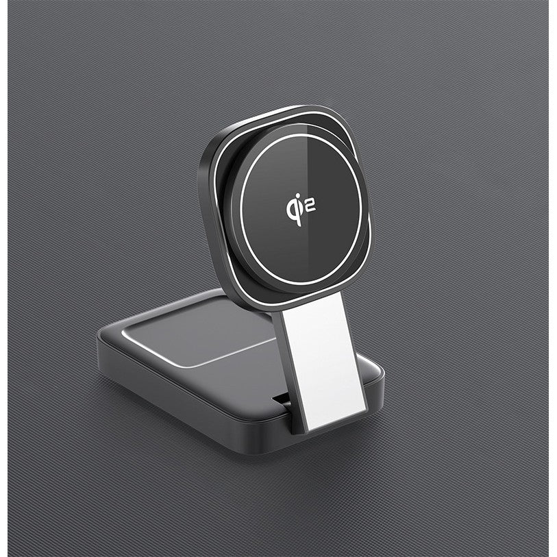 Detaliu protecții anti-supraîncălzire și finisaj negru argintiu stație wireless MagSafe