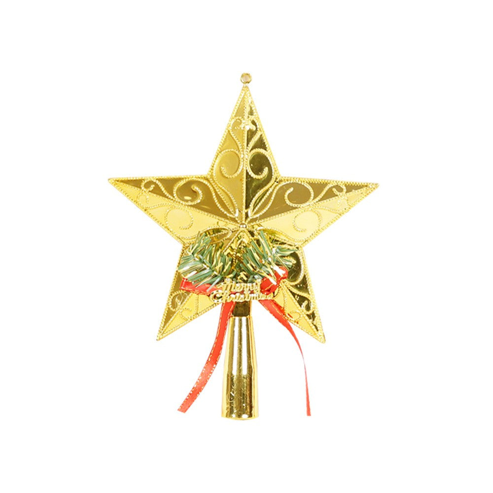 Varf decorativ de brad, Auriu, in forma de Stea, cu decoratiune Merry Christmas, din Plastic, 18.5 x 15 cm, Interior,Exterior, Vivimall