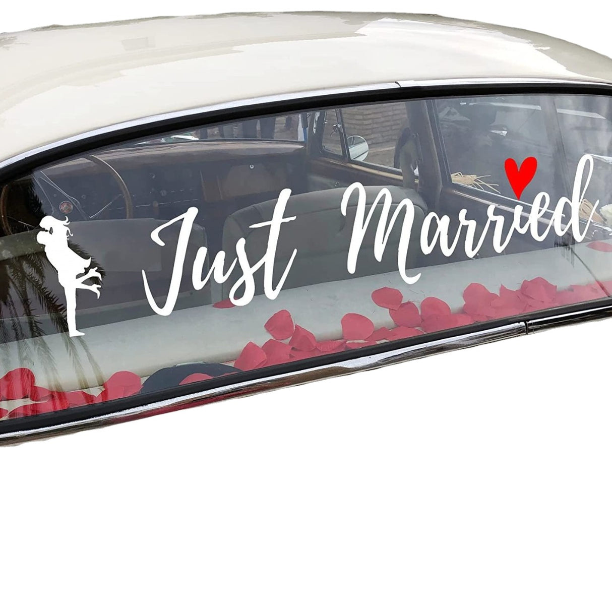 Sticker Autocolant, Vivimall, Tematica Nunta, Model Indragostiti, cu Scris Just Married, 50x11.5 cm, Alb - vivimall.ro