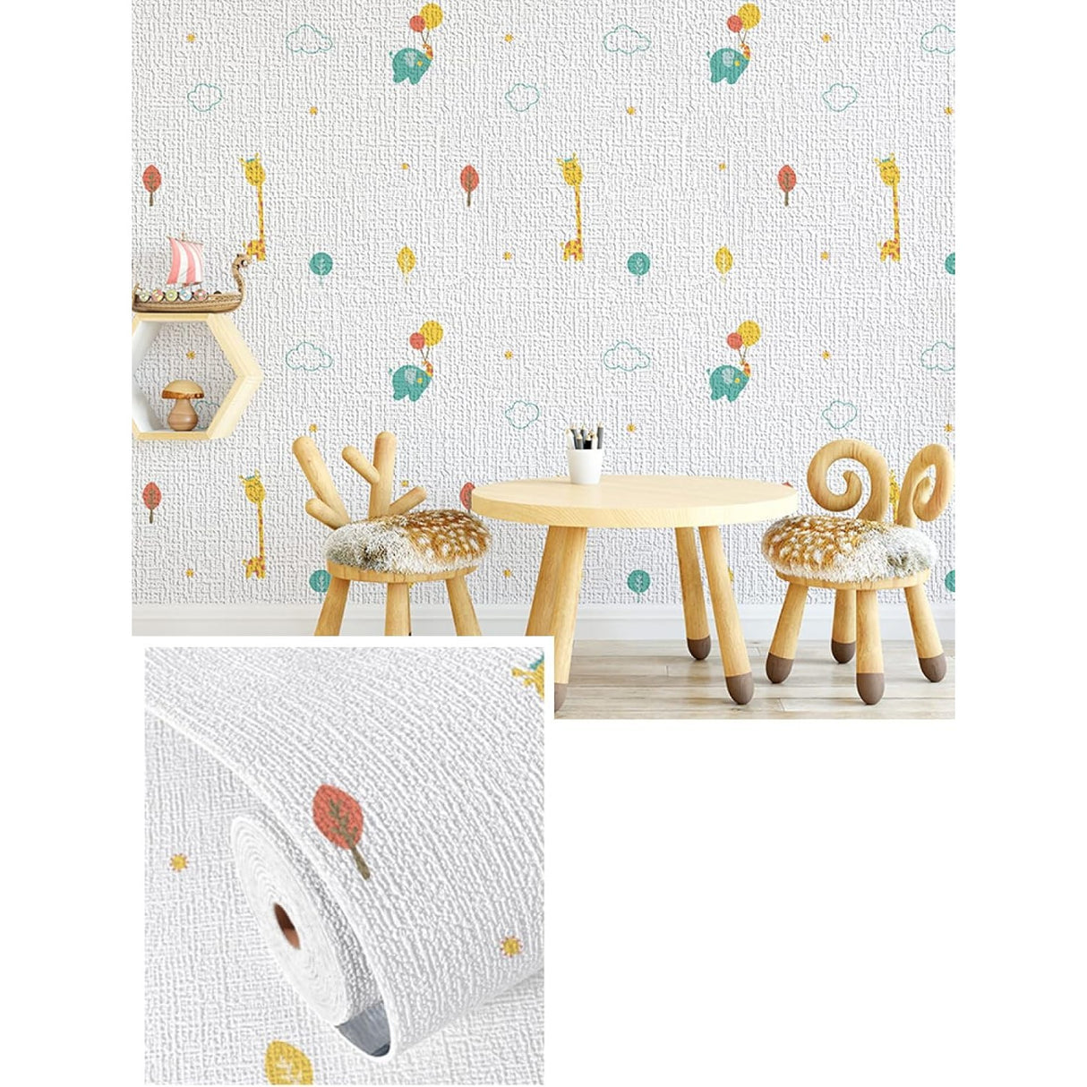 Rola Autoadeziva Pentru Perete, Din Panza, 10 M, Rezistenta La Umezeala, 2.5 Mm Grosime, Model Girafa Si Elefant, Multicolor - vivimall.ro